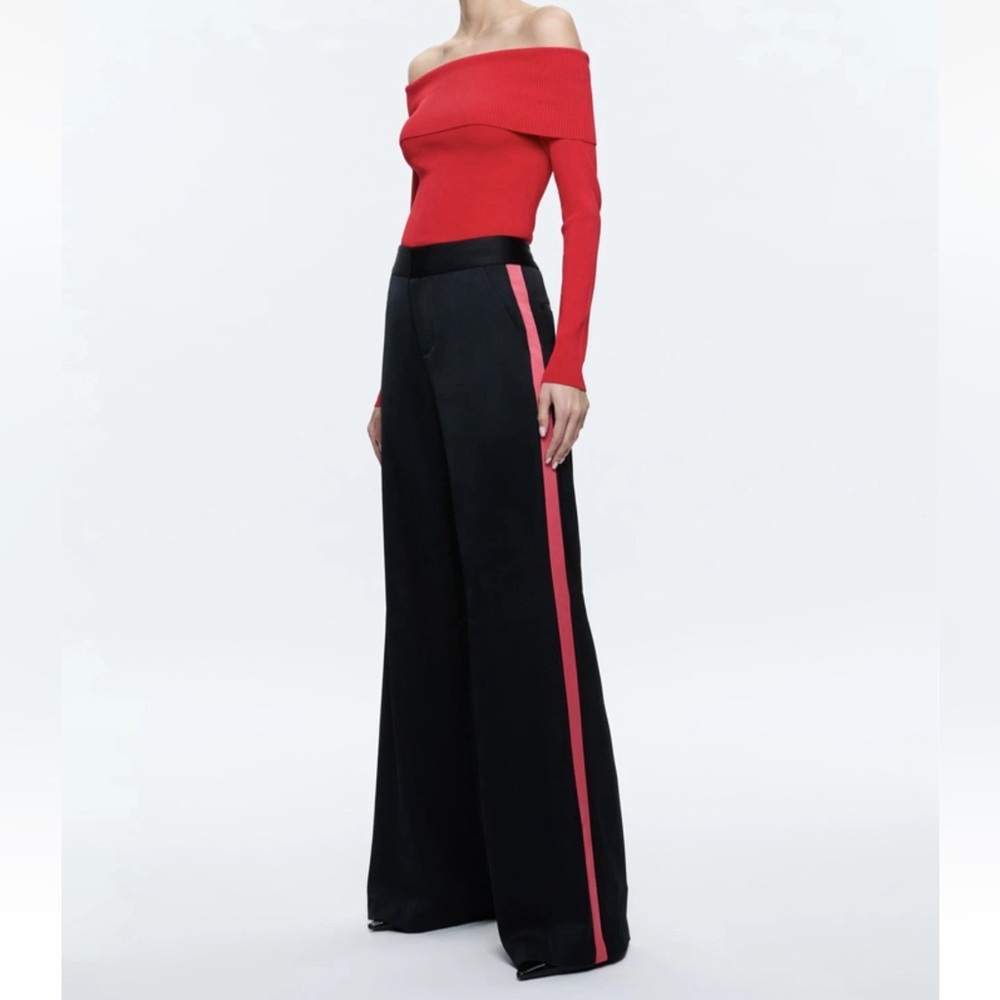 Alice + Olivia Dylan Pants, Black, Red Stripe, High Waist, Wife Leg, Size 0